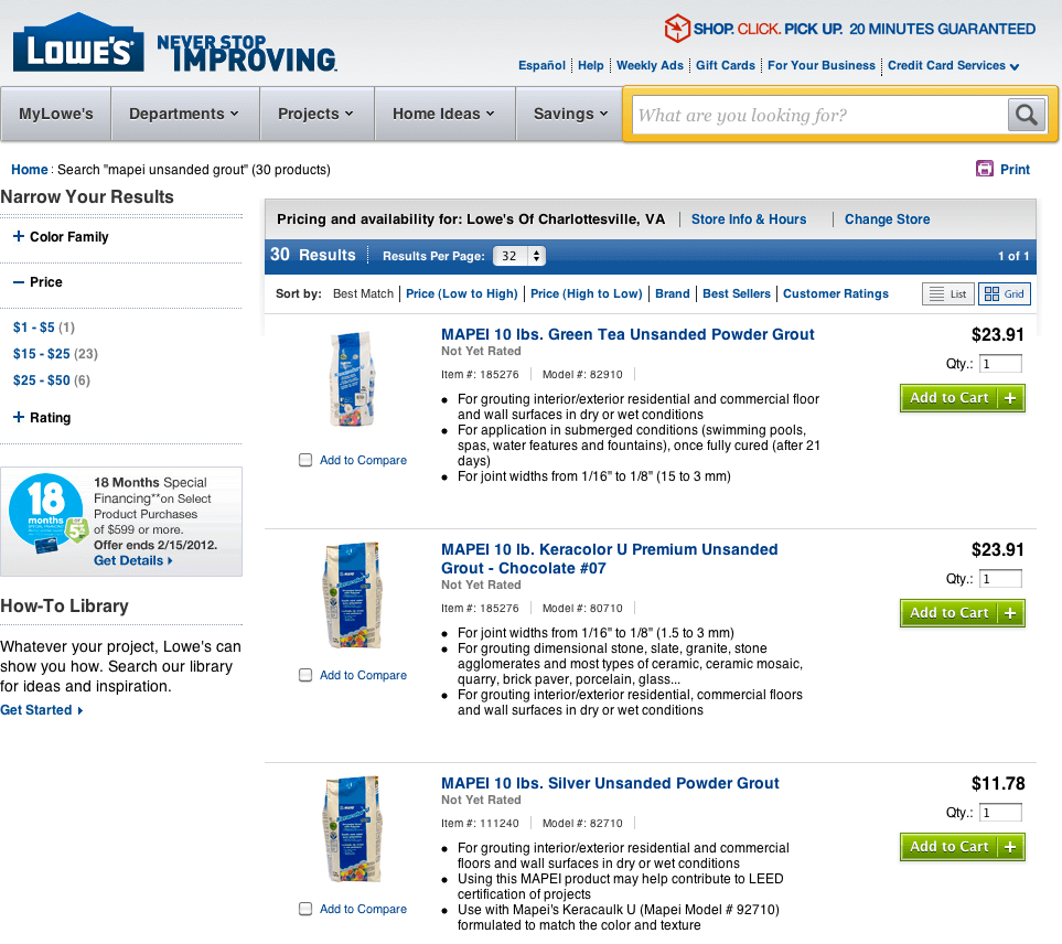 Lowes search results for Mapei Unsanded Grout