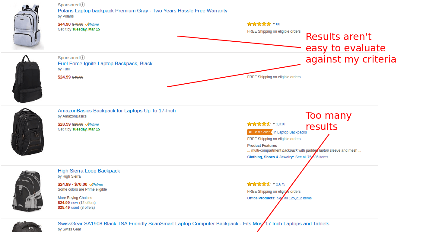 Amazon search results for laptop backpack